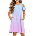 thumbnail image 1 of snilers Girls Summer Dress Short Sleeve Cold Shoulder Crew Neck Swing Gradient Dresses Beach Vacation Sundress with Pockets Size 3-14 Years, 1 of 8