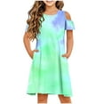 thumbnail image 1 of snilers Girls Summer Dress Short Sleeve Cold Shoulder Ties Dyes Dresses Crew Neck A Line Swing Casual Sundress with Pockets Size 3-14 Years, 1 of 8