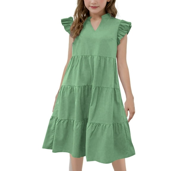 snilers Girls Summer Dress V Neck Ruffle Sleeve Loose Casual Cute A Line Midi Dress Beach Vacation Flowy Sundress Size 4-15 Years