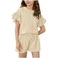 thumbnail image 1 of snilers Girls Summer Outfits 2 Piece Clothes Cute Ruffle Sleeve T Shirt and Shorts Athletic Short Sets Loose Fitted Clothing Sets 4-15 Years, 1 of 8