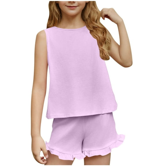 snilers Girls Summer Outfits Sleeveless T-Shirts and Elastic Waist Shorts Ruffle Clothing Sets 2 Piece Kids Clothes Set Size 5-15 Years