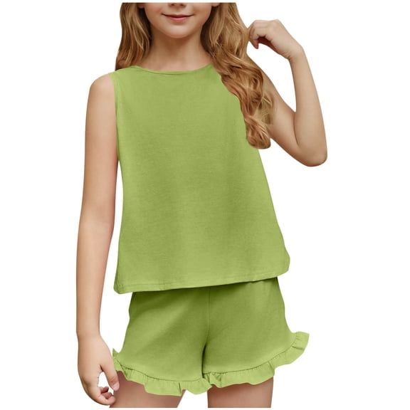 snilers Girls Summer Outfits Sleeveless T-Shirts and Elastic Waist Shorts Ruffle Clothing Sets 2 Piece Kids Clothes Set Size 5-15 Years