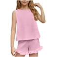 thumbnail image 1 of snilers Girls Summer Outfits Sleeveless T-Shirts and Elastic Waist Shorts Ruffle Clothing Sets 2 Piece Kids Clothes Set Size 5-15 Years, 1 of 9