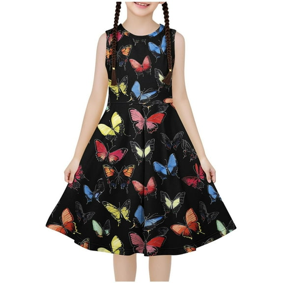 snilers Girls Summer Sundress Butterfly Print Sleeveless Swing A Line Dresses Beach Vacation Pleated Midi Dresses for Kids 4-14 Years