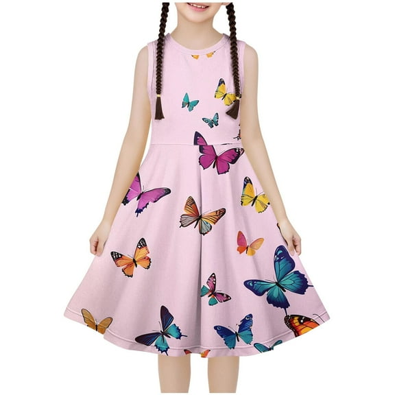snilers Girls Summer Sundress Butterfly Print Sleeveless Swing A Line Dresses Beach Vacation Pleated Midi Dresses for Kids 4-14 Years