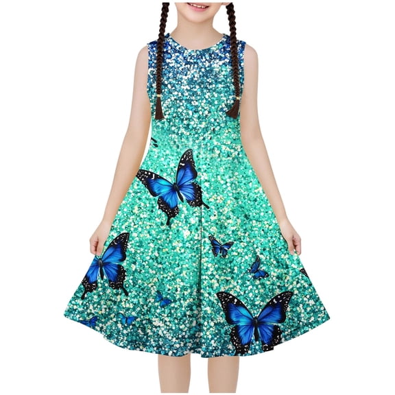 snilers Girls Summer Sundress Butterfly Print Sleeveless Swing A Line Dresses Beach Vacation Pleated Midi Dresses for Kids 4-14 Years