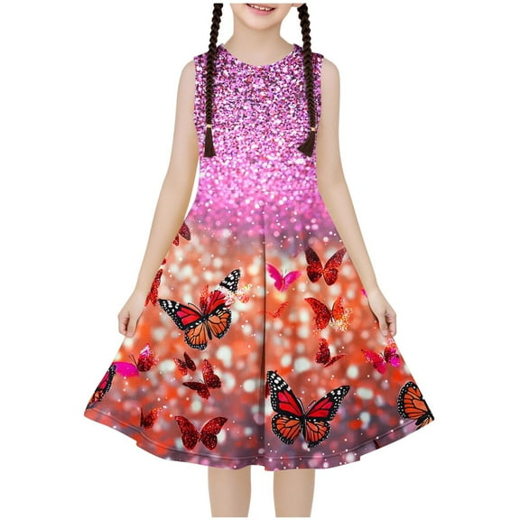 snilers Girls Summer Sundress Butterfly Print Sleeveless Swing A Line Dresses Beach Vacation Pleated Midi Dresses for Kids 4-14 Years