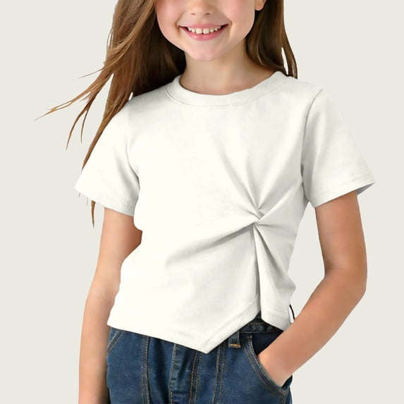 snilers Girls Summer T Shirts Kids Twist Front Short Sleeve Crop Tops Asymmetric Hem Casual Fashion Crewneck Baic Tees 1-9 Years
