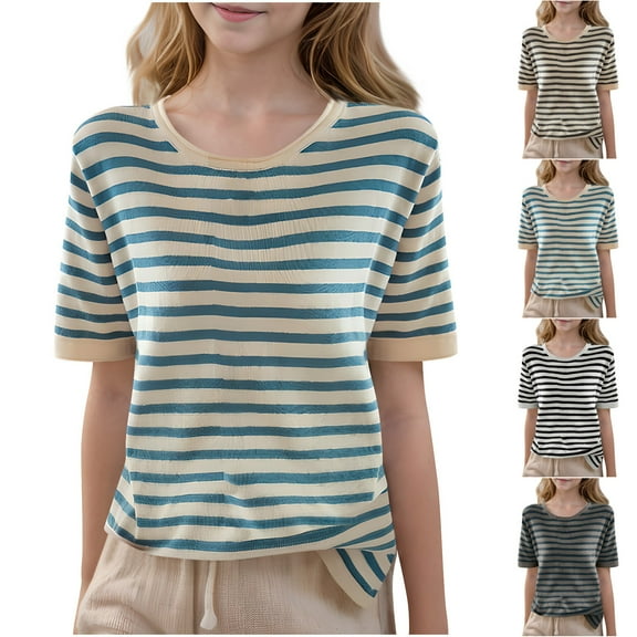 snilers Girls Summer T Shirts Striped Short Sleeve Crewneck Tunic Tops Kids Loose Casual Vacation Beach Basic Tees 6-15 Years