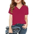 thumbnail image 1 of snilers Girls Summer T Shirts Trendy V Neck Short Sleeve Tops Kids Loose Fit Casual Beach Solid Basic Tees 3-14 Years, 1 of 5