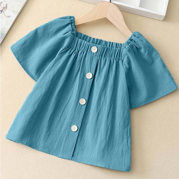 snilers Girls Summer Tops Smocked Square Neck Short Sleeve Button Down Shirts Casual Cotton Blouses Teen Girl Clothes 6-16 Years