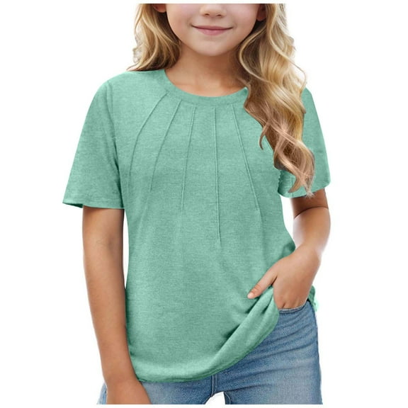snilers Girls T Shirts Crew Neck Pleated Summer Tops Casual Fashion Short Sleeve Comfortable Loose Fitted Basic Tees for 5-14 Years