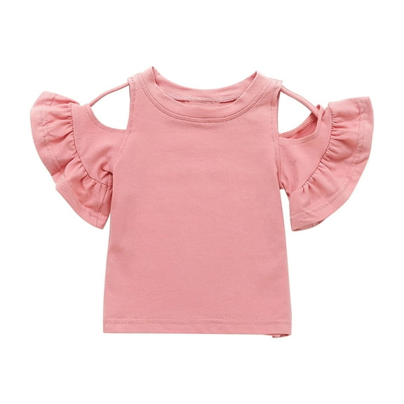 snilers Girls T Shirts Crew Neck Ruffle Sleeve Off Shoulder Tops Cute Casual Stylish Summer Tees Solid Color Blouses for 6 Months-5 Years Kids Baby