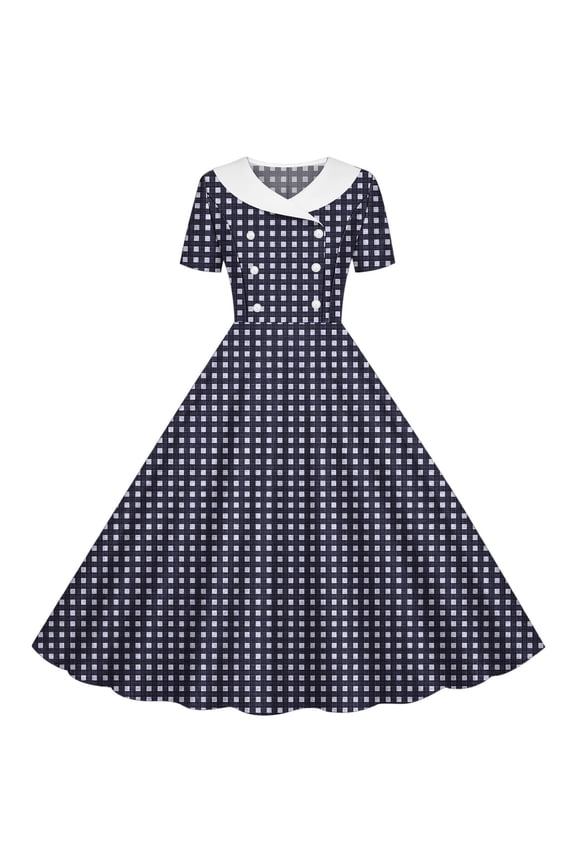 Girls Vintage 1950s Dress Double Breasted Short Sleeve Polka Dot Swing A Line Midi Dresses Cocktail Party Evening Prom Gowns