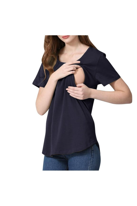Hidden Summer Nursing Tops for Breastfeeding Short Sleeve Maternity T Shirts Pregnant Double Layer Tunic Blouses S-3XL