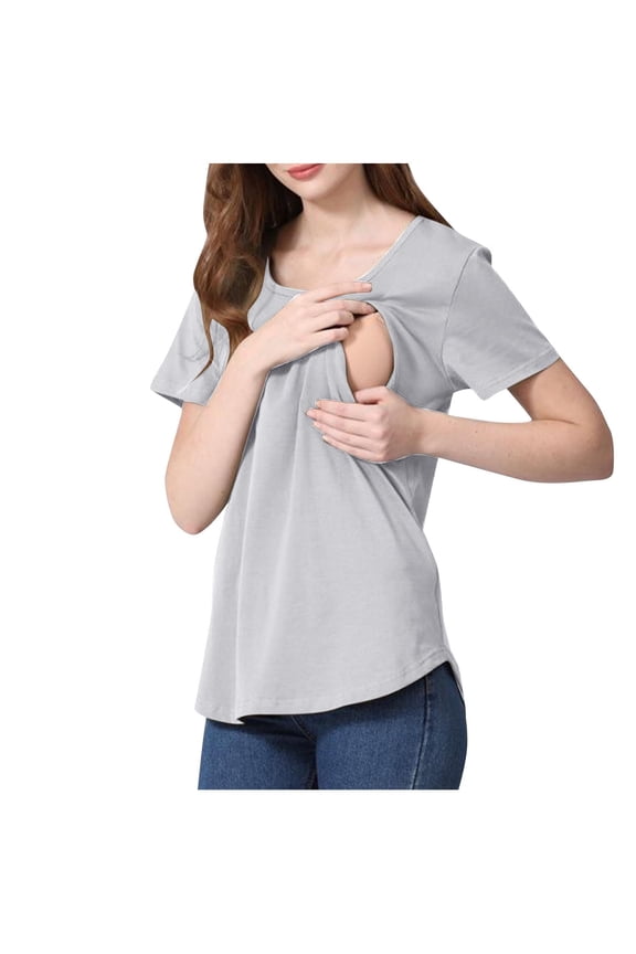 Hidden Summer Nursing Tops for Breastfeeding Short Sleeve Maternity T Shirts Pregnant Double Layer Tunic Blouses S-3XL