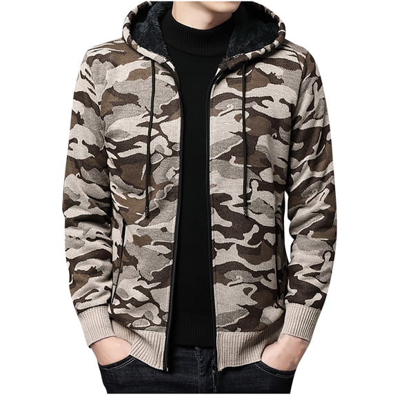 snilers Jacket for Men Trendy Camo Hooded Shirts Jacket Full Zip Knit Fleece Lined Thicken Shacket Casual Winter Warm Bomber Jacket