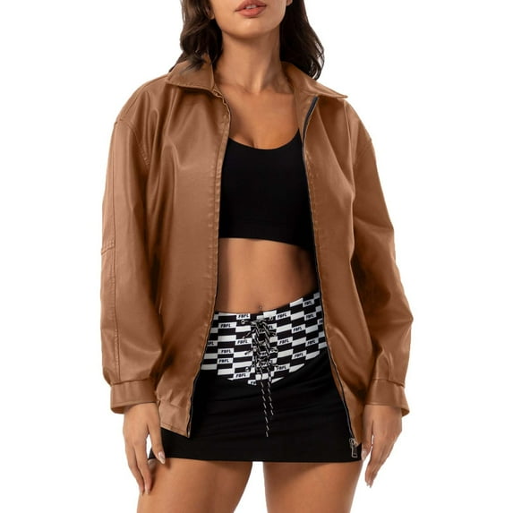 snilers Jackets For Women Zip Up Turndown Faux Leather Jackets Solid Color Biker Coat Stylish Relaxed Fit Motorcycle Jacket Coat