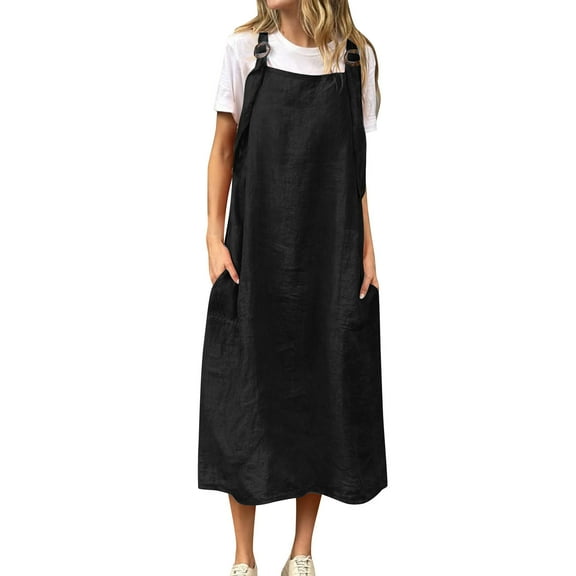 snilers Jumper Dress for Women Adjustable Straps Sleeveless Wide Hemline Long Dress Loose Square Neck Midi Bib Overall Dress with Pockets