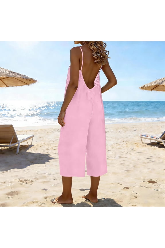 Linen Overalls for Women Sleeveless Backless Adjustable Jumpsuit Casual Wide Leg Jumpsuit Summer Capri Rompers with Pockets L