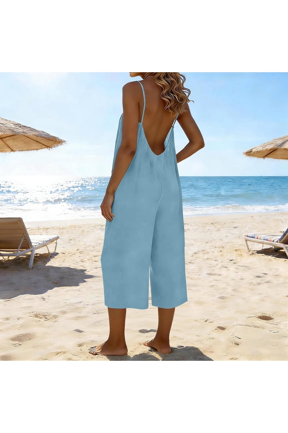 Linen Overalls for Women Sleeveless Backless Adjustable Jumpsuit Casual Wide Leg Jumpsuit Summer Capri Rompers with Pockets XXL