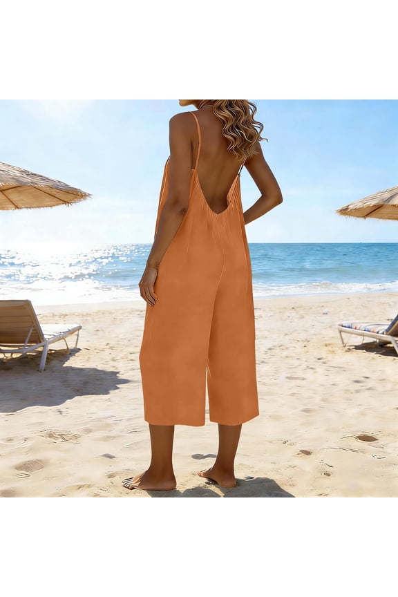 Linen Overalls for Women Sleeveless Backless Adjustable Jumpsuit Casual Wide Leg Jumpsuit Summer Capri Rompers with Pockets XXL