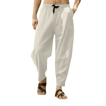 snilers Linen Pants Men Elastic Waist Drawstring Ankle Length Beach Pants Breathable Trendy Solid Color Trousers with Pockets