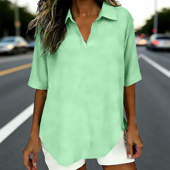 snilers Linen Shirts for Women Summer Casual Half Sleeve Cotton Tops Loose Collared V Neck Boho Beach Vacation Blouse S-2XL