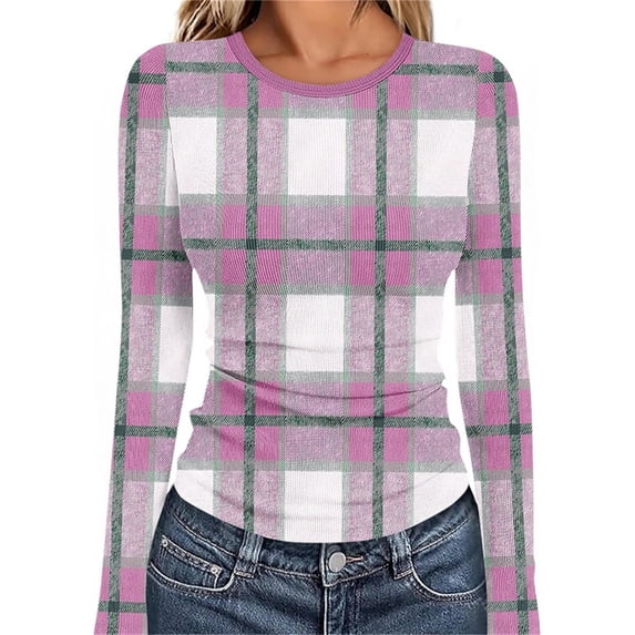 snilers Long Sleeve Shirt for Women Trendy Plaid Ribbed Knit Strech Slim Fit Crop Tops Spring Crew Neck Casual Basic T-Shirts S-2XL