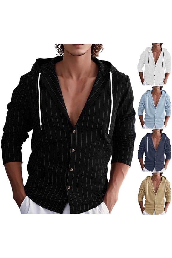 Long Sleeve Shirts for Men Button Down Drawstring Hoodies Hooded Pullover Tops Beach Hippie Blouses