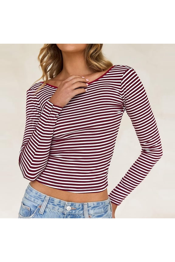 Long Sleeve Shirts for Women Backless Striped Crop Tops Y2K Boat Neck T Shirt Trendy Slim Fit Going Out Clothes S-2XL