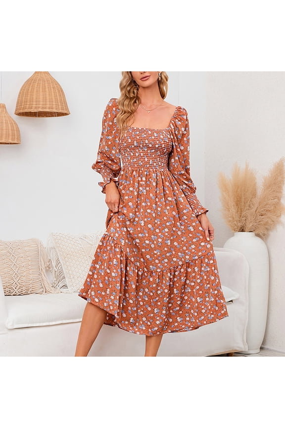 Maternity Dresses Floral Square Neck Puff Long Sleeve Midi Dress Baby Show Flowy Smocked Chiffon Pregnancy Dress S-2XL