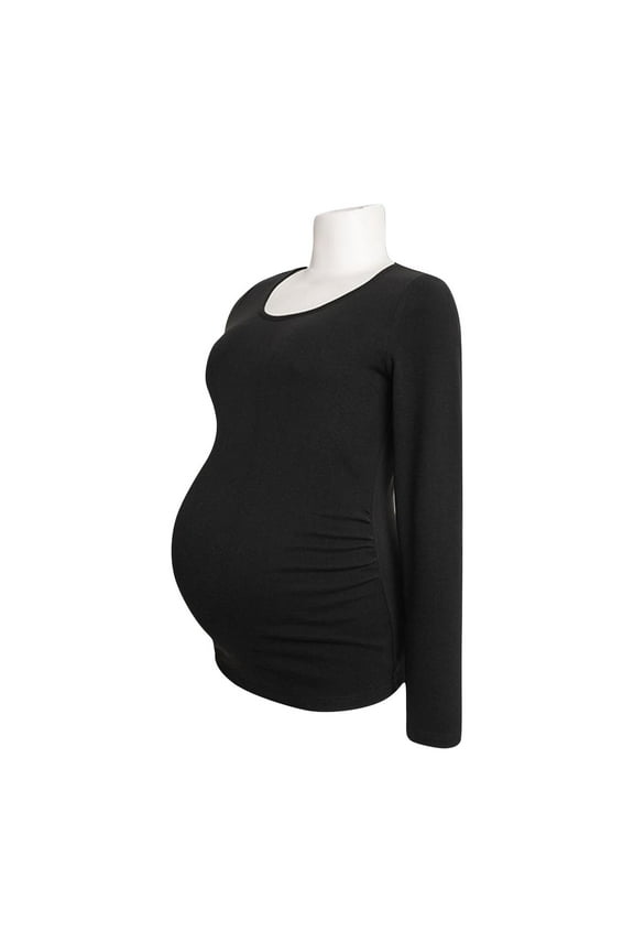Maternity Shirts Crew Neck Long Sleeve Basic Top Soft Casual Ruch Sides Bodycon T Shirt for Pregnant Women M-3XL