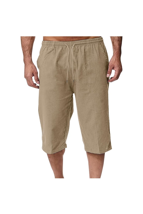 Men's Linen Capris Casual Baggy Knee Length 3/4 Pants Summer Drawstring Lounge Beach Cropped Pants