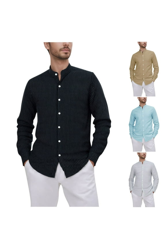 snilers Mens Button Down Shirts Long Sleeve Collarless Dress Shirt Crew Neck Casual Tops Fashion Striped Business Blouses