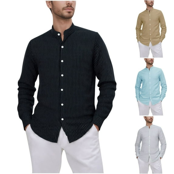 snilers Mens Button Down Shirts Long Sleeve Collarless Dress Shirt Crew Neck Casual Tops Fashion Striped Business Blouses
