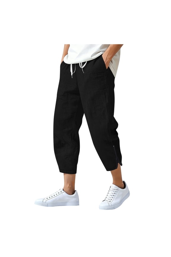 Mens Capri Yoga Pants Workout Joggers Drawstring Sweatpants Zipper Side Split Lounge Capris Pants with Pockets S-3XL