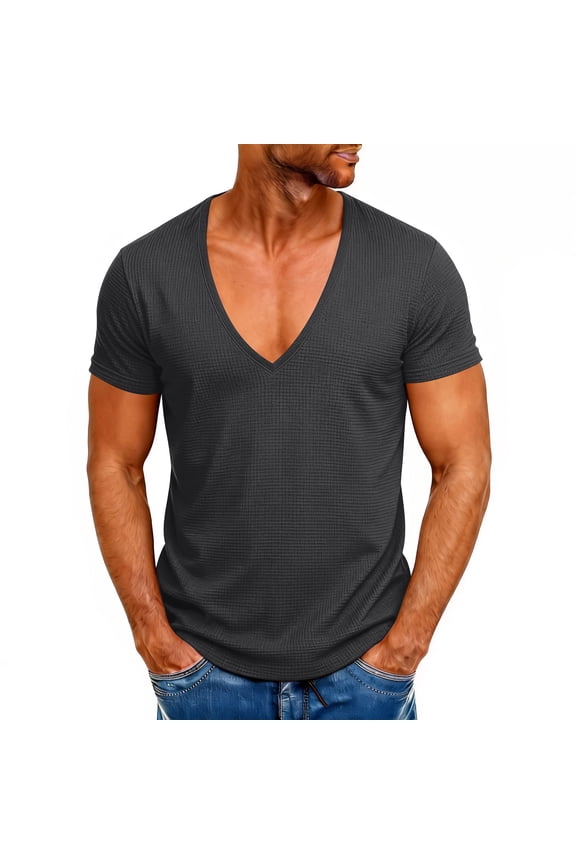 Mens Casual Deep V-Neck T-Shirt Casual Slim Fit Short Sleeve Basic Tee Shirts Waffle Textured Plain Summer Tops S-3XL
