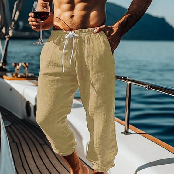 snilers Mens Cotton Linen Capri Pants Casual Drawstring Elastic Waist Baggy Capris Loose Cropped Yoga Beach Pants with Pockets M