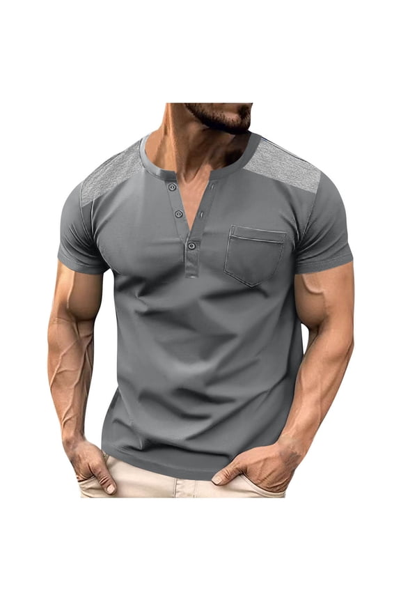 Mens Henley Shirts Short Sleeve Button Down Color Block Pullover Tops Baggy Athletic Dressy Casual Breathable Summer Shirts