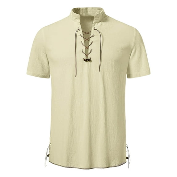 snilers Mens Henley Shirts Short Sleeve Lace Up V Neck Tees Hippie Beach Summer Tops Vintage Solid Drawstring Blouses