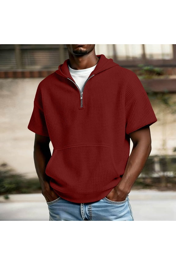 Mens Hoodies Quarter Zip Pullover Casual Short Sleeve Summer Oversized Waffle Knit Hooded Sweatshirt with Pocket S-3XL