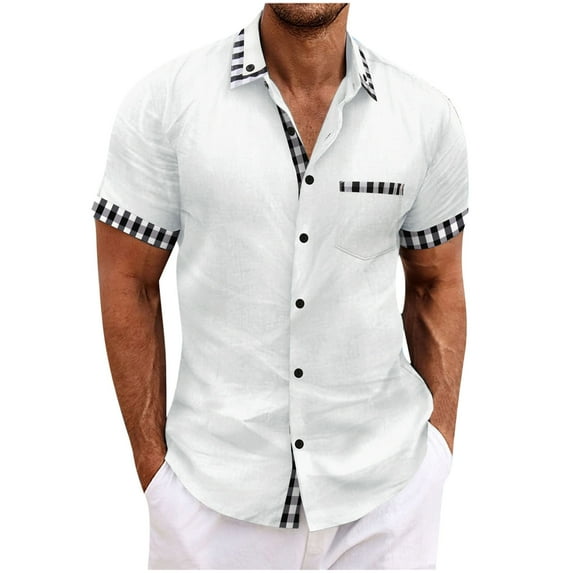 snilers Mens Linen Shirts Short Sleeve Button Down Plaid Trendy Tops Baggy Athletic Casual Breathable Summer Beach Hawaii Shirts