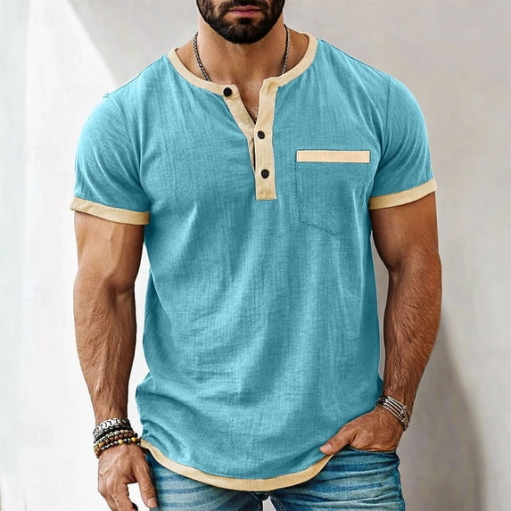 snilers Mens Muscle Henley Shirts Color Block Lightweight Workout T-Shirt Gym Tees Athletic Short Sleeve Shirt with Pocket M-4XL