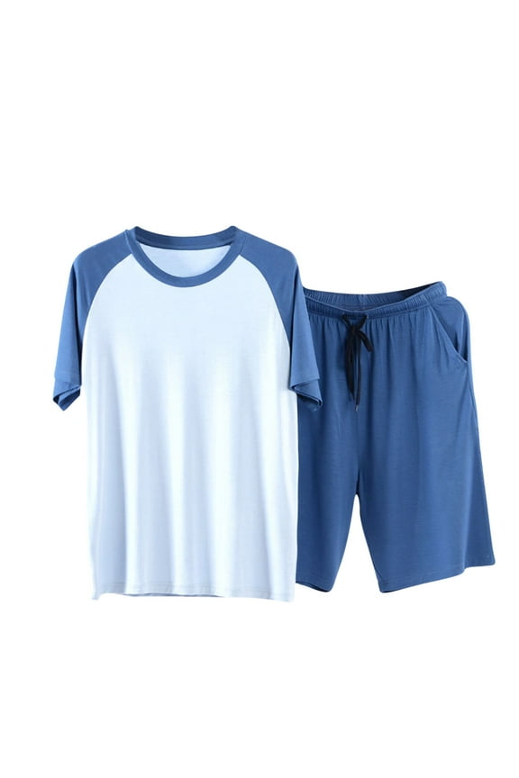 Mens Pajamas Set Short Sleeve Shirts and Shorts 2 Piece Outfits Color Block Summer Pjs Matching Set Plus Size Loose Lounge Sets with Pockets