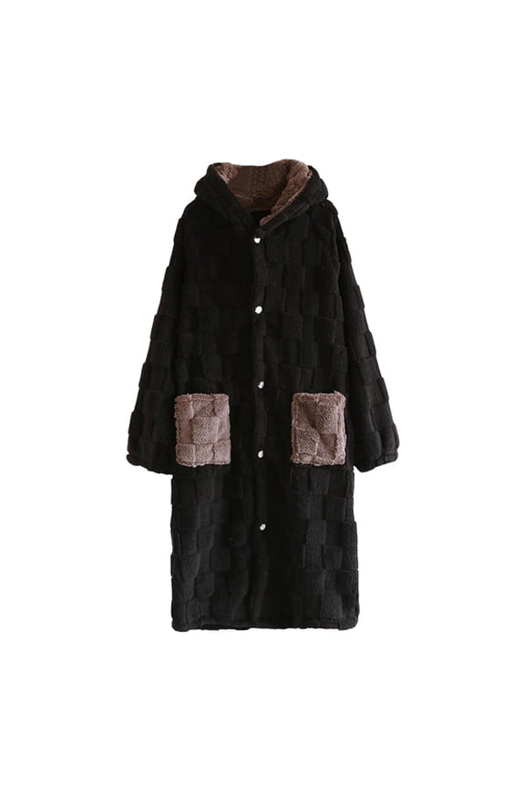 Mens Robe Casual Loose Button Down Fleece Jacket Soft Comfy Plush Nightgowns Warm Winter Long Sleeve Hooded Pajamas with Pockets