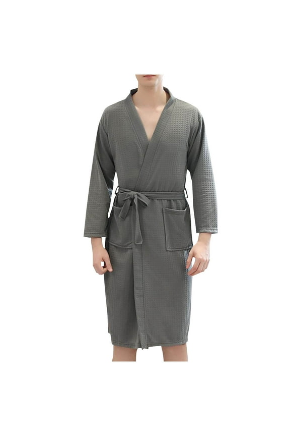 Mens Robe Waffle Kimono Bathrobe Long Sleeve Sleepwear Nightgown Lightweight Spa Loungewear with Pockets
