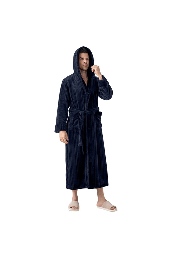 Mens Robe Water Absorbent Long Sleeve Bathrobes with Hood Big and Tall Soft Comfy Loungewear Thick Plush Fleece Housecoat with Pockets