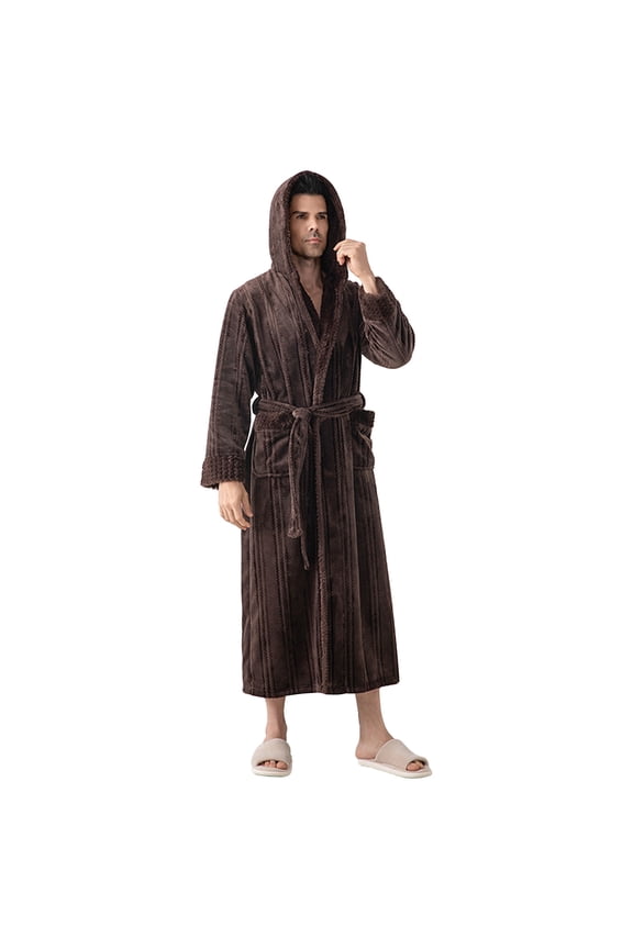 Mens Robe Water Absorbent Long Sleeve Bathrobes with Hood Big and Tall Soft Comfy Loungewear Thick Plush Fleece Housecoat with Pockets