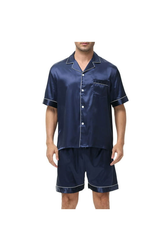 Mens Satin Silk Pajamas Sets Button Down Shirts and Shorts 2 Piece Sets Short Sleeve Sleepwear Loungewear with Pockets Summer Lounge Sets